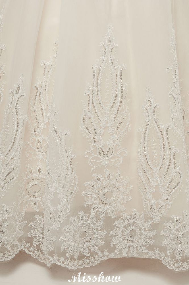 Robe de mariée longue en ligne A, col haut, appliques en dentelle, manches courtes avec laçage