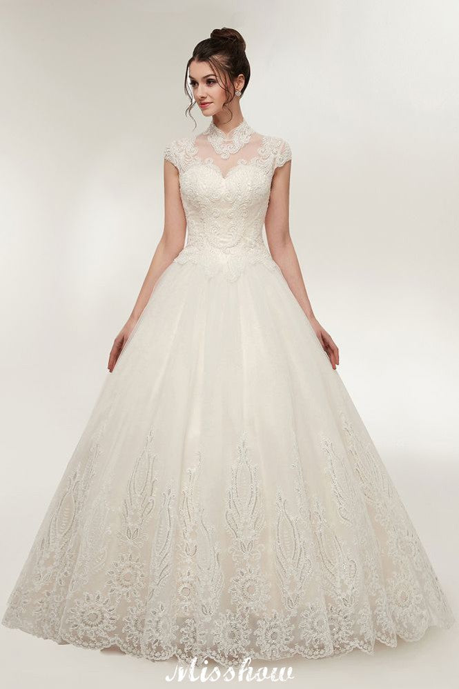 Robe de mariée longue en ligne A, col haut, appliques en dentelle, manches courtes avec laçage