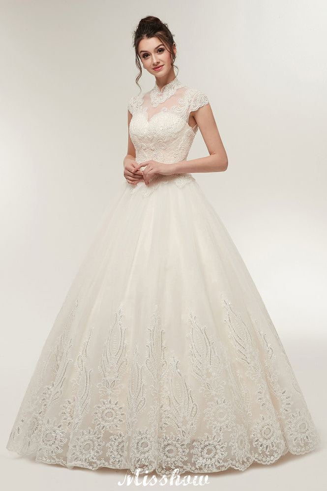 Robe de mariée longue en ligne A, col haut, appliques en dentelle, manches courtes avec laçage