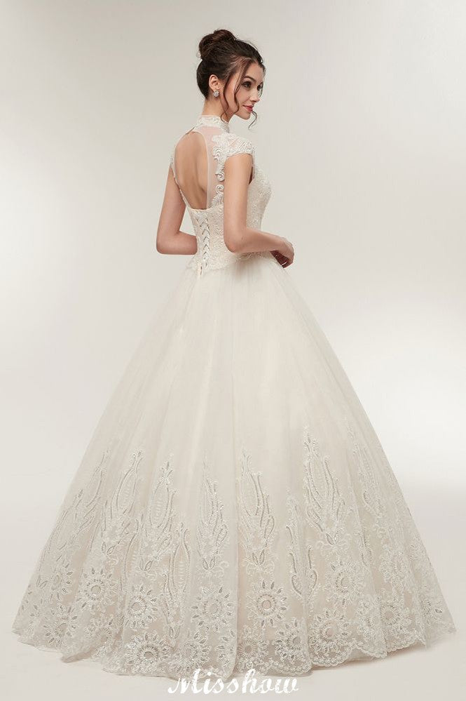 Robe de mariée longue en ligne A, col haut, appliques en dentelle, manches courtes avec laçage
