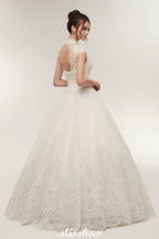 Robe de mariée longue en ligne A, col haut, appliques en dentelle, manches courtes avec laçage