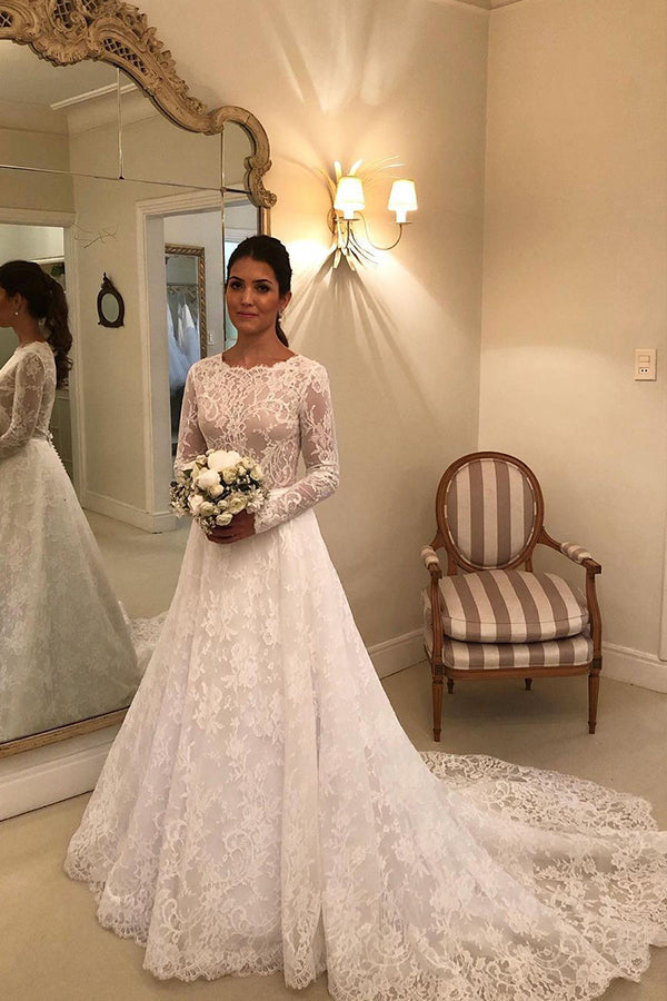 Vestido de novia largo de encaje con corte A y mangas