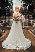 Abito da sposa lungo a linea ad A con scollo a barca e fiori tridimensionali, applicazioni di pizzo