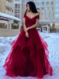 Robe de soirée longue évasée, épaules dénudées, en tulle duveteux, col en V, pour bal ou cérémonie