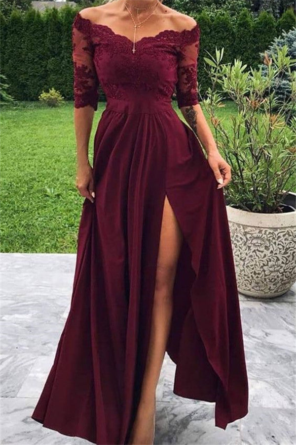 Robe de bal bordeaux longue en ligne A, épaules dénudées, fente avant, avec manches