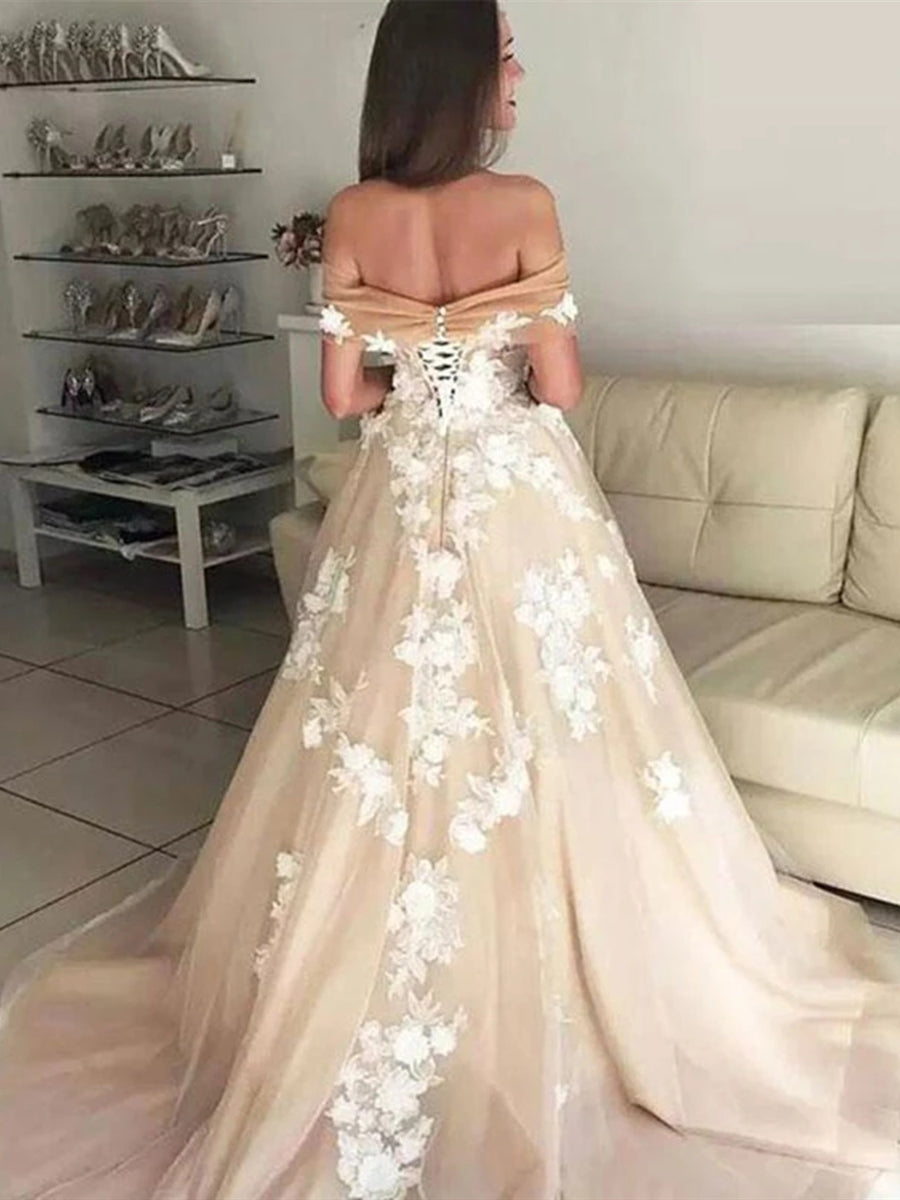 Robes longues de soirée formelles à ligne A, épaules dénudées, avec appliques en dentelle