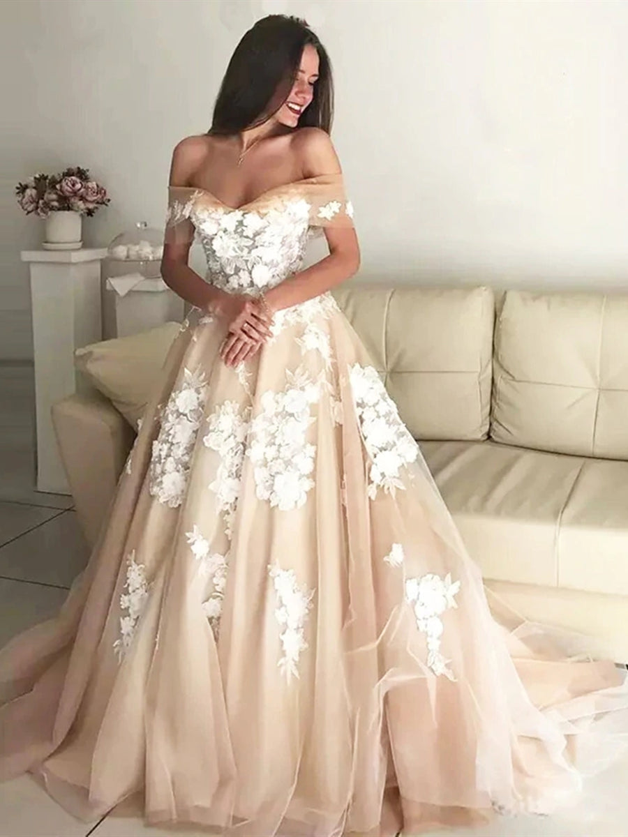 Robes longues de soirée formelles à ligne A, épaules dénudées, avec appliques en dentelle