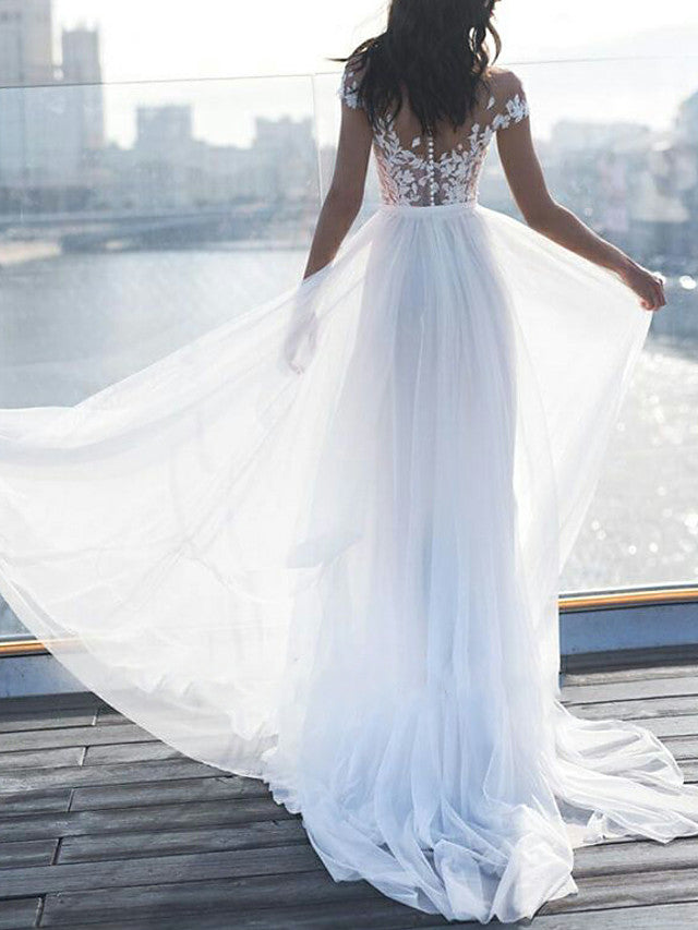 Vestidos de Noiva Longos em Linha A com Renda e Chiffon, Ombros Descobertos e Mangas
