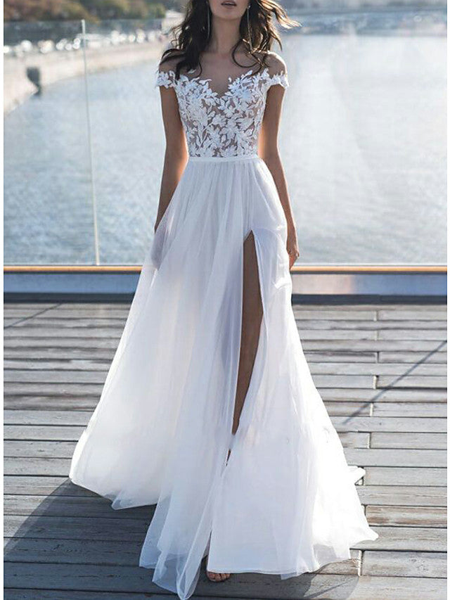 Vestidos de Noiva Longos em Linha A com Renda e Chiffon, Ombros Descobertos e Mangas