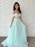 Robe longue évasée à épaules dénudées en dentelle et tulle pour bal de fin d'année vert menthe robe de soirée de remise des diplômes
