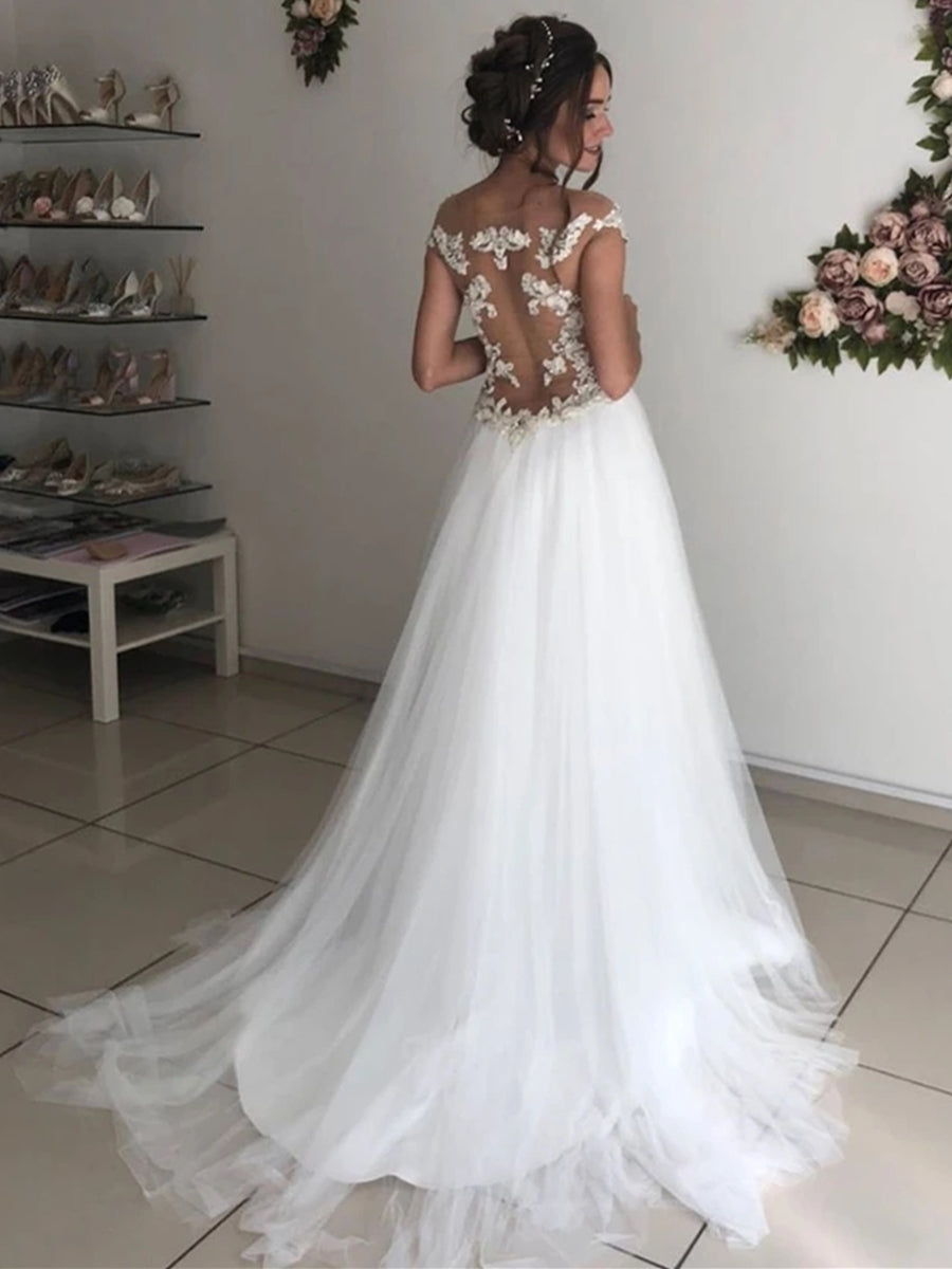 Robes de mariée longues en tulle avec jupe évasée, épaules dénudées et col rond en dentelle