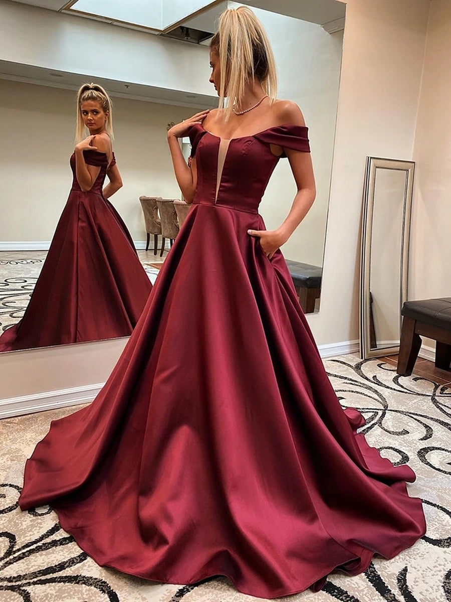 Robes longues en satin à ligne A, épaules dénudées, formelles pour bal, avec poches