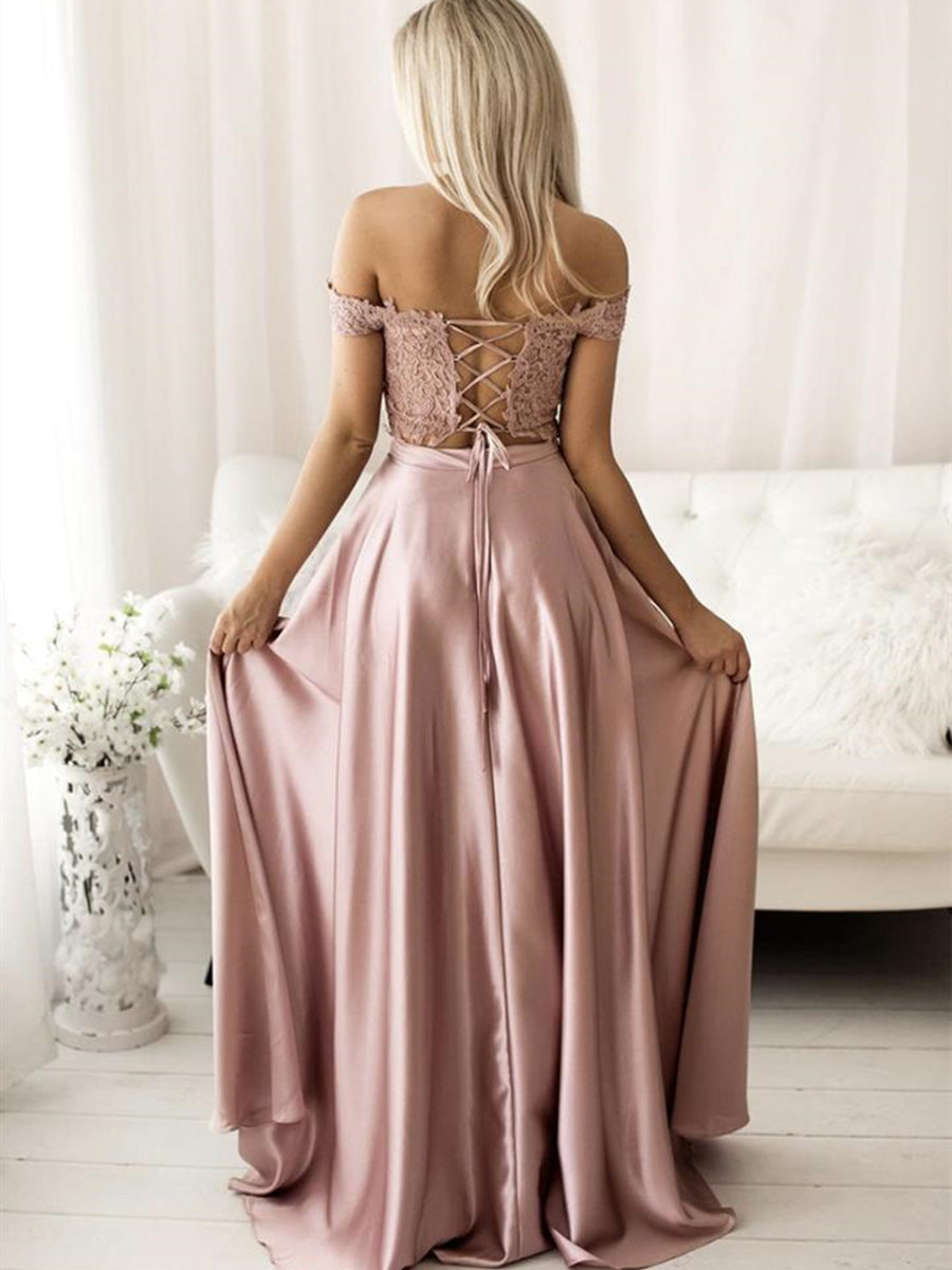 Robe de bal formelle longue en satin avec dentelle, deux pièces, décolletée épaules dénudées, coupe évasée