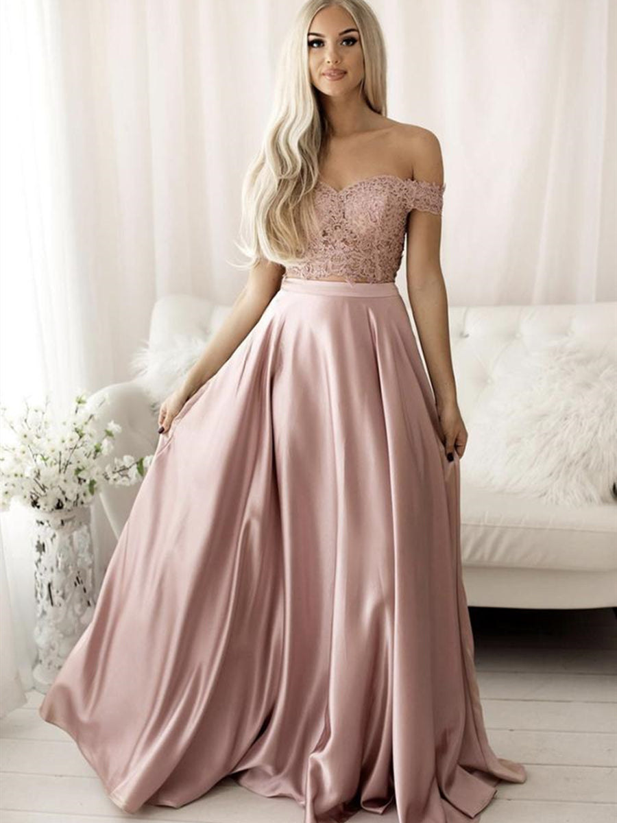 Robe de bal formelle longue en satin avec dentelle, deux pièces, décolletée épaules dénudées, coupe évasée