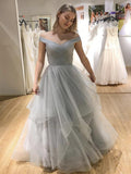 Robes longues de bal formelles en tulle à ligne A et épaules dénudées