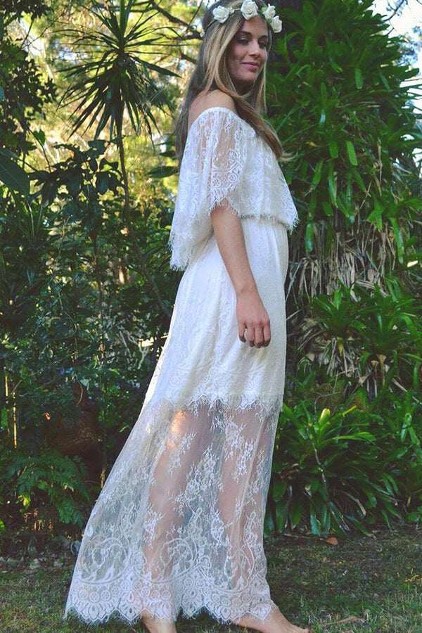 Abito da sposa lungo a linea ad A con scollo a barca in tulle e pizzo