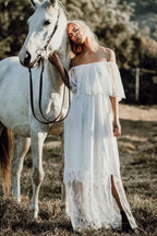 Abito da sposa lungo a linea ad A con scollo a barca in tulle e pizzo