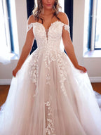 Robe de bal longue en tulle blanche à dentelle, décolletée et évasée en A, tenue de soirée formelle