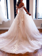 Robe de bal longue en tulle blanche à dentelle, décolletée et évasée en A, tenue de soirée formelle