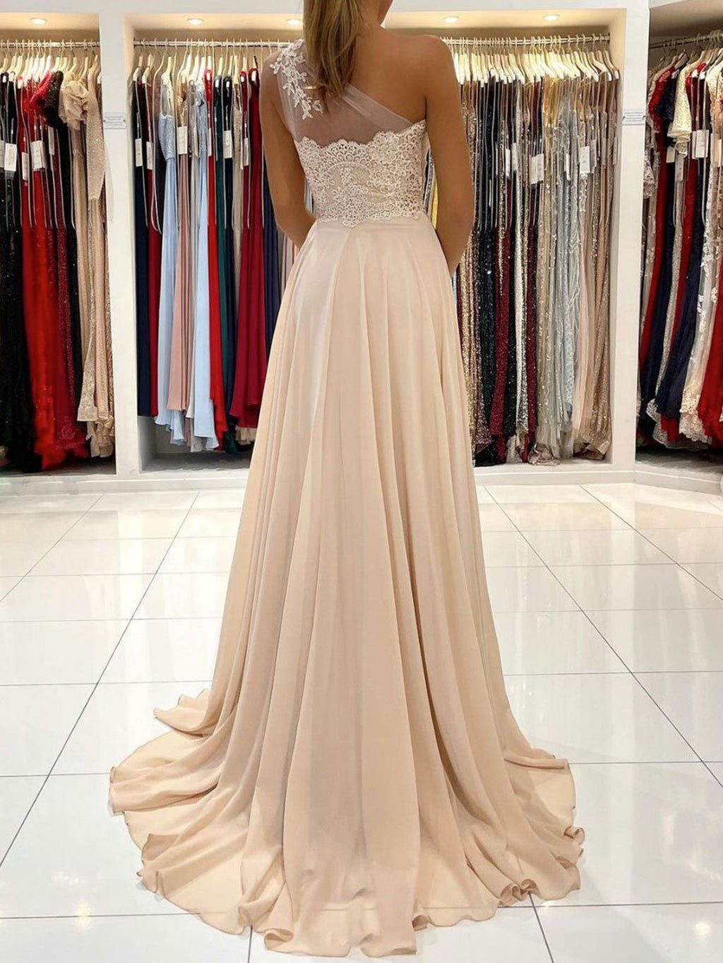 Robe de bal longue en mousseline à ligne A, une épaule, avec fente et dentelle, robe de soirée formelle