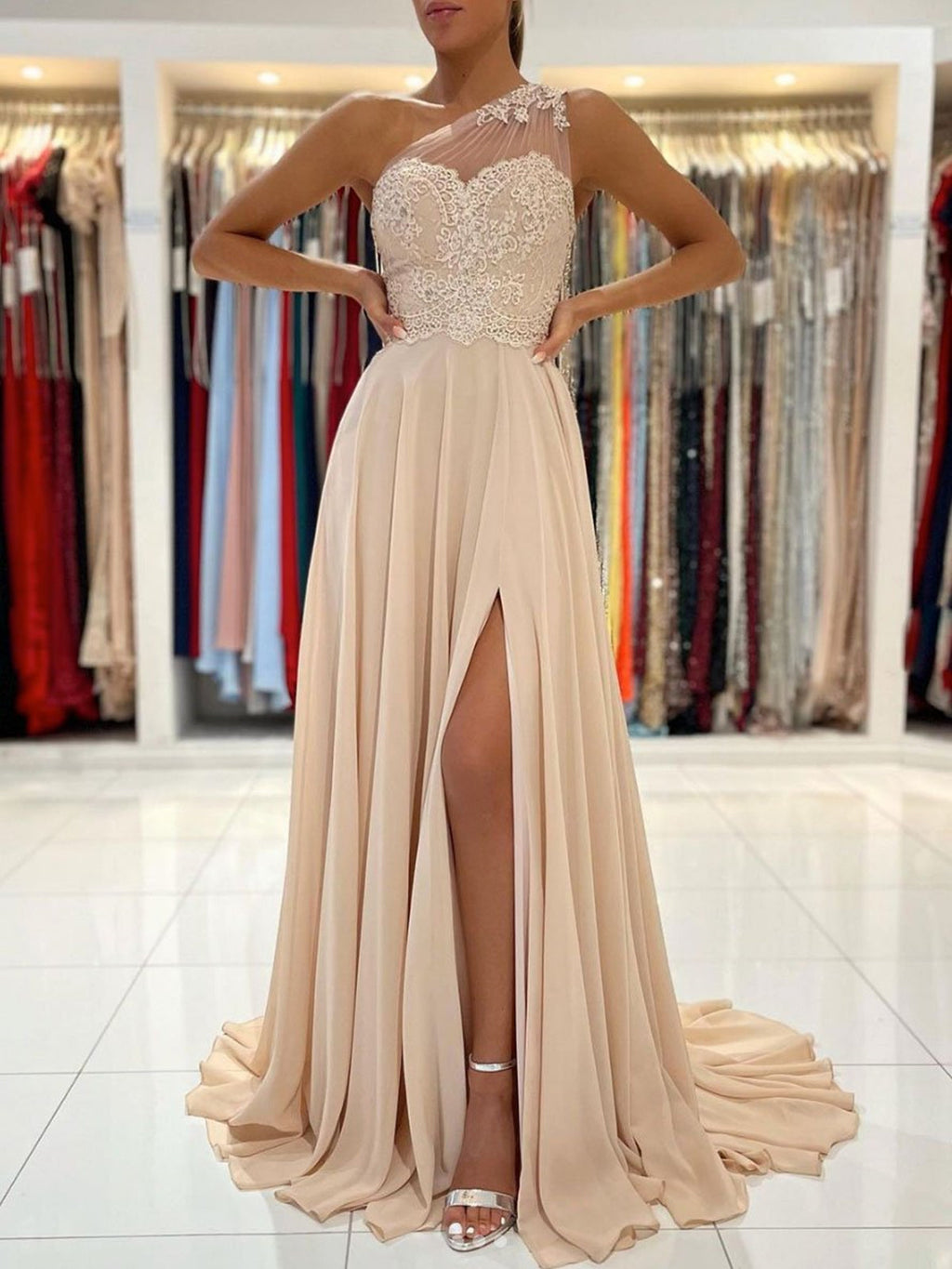 Robe de bal longue en mousseline à ligne A, une épaule, avec fente et dentelle, robe de soirée formelle