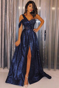 Robe de bal longue en ligne A à une épaule, ornée de paillettes, avec fente