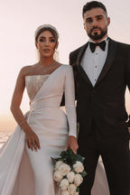Vestido de novia largo de satén con lentejuelas, corte A, un hombro y mangas