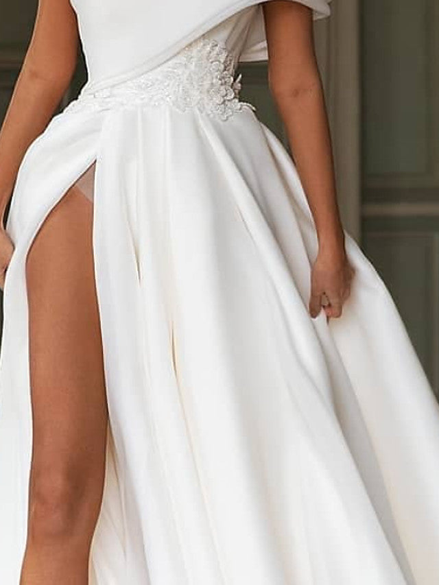 Langes A-Linien-Brautkleid mit One-Shoulder-Träger und Pinselschleppe aus Chiffon mit Schlitz