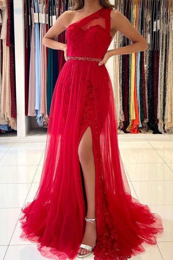 Robe de bal longue en tulle, coupe évasée, une épaule, fente avant avec traîne amovible