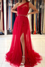 Robe de bal longue en tulle, coupe évasée, une épaule, fente avant avec traîne amovible