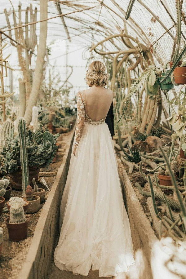Abito da sposa lungo a linea ad A con schiena scoperta, applicazioni in pizzo di chiffon e maniche