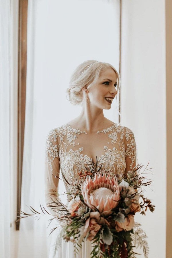 Abito da sposa lungo a linea ad A con schiena scoperta, applicazioni in pizzo di chiffon e maniche