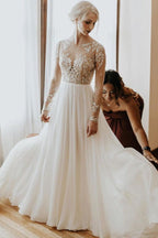Abito da sposa lungo a linea ad A con schiena scoperta, applicazioni in pizzo di chiffon e maniche
