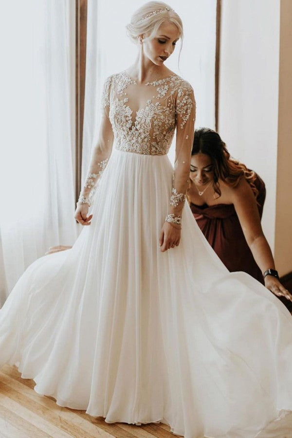 Abito da sposa lungo a linea ad A con schiena scoperta, applicazioni in pizzo di chiffon e maniche