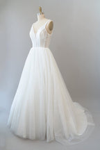 Robe de mariée longue en ligne A, dos ouvert, paillettes, tulle, dos nu