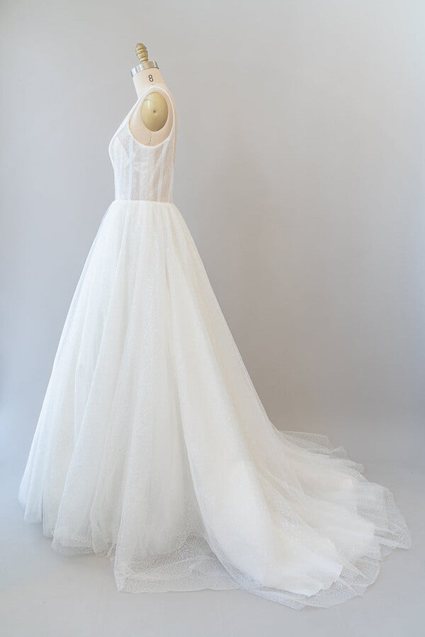 Robe de mariée longue en ligne A, dos ouvert, paillettes, tulle, dos nu