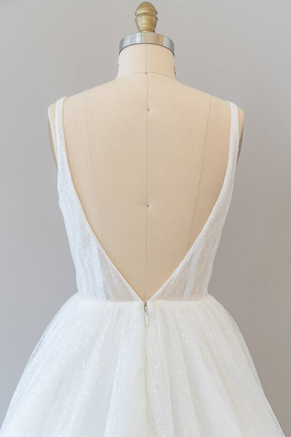 Robe de mariée longue en ligne A, dos ouvert, paillettes, tulle, dos nu