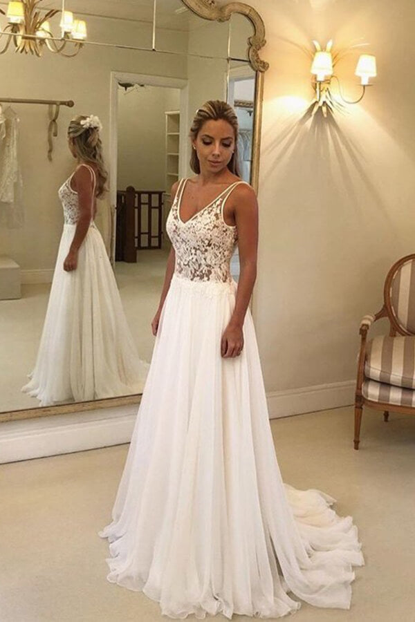 Vestido de novia largo de gasa con escote en V y corte A con espalda abierta