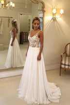 Vestido de novia largo de gasa con escote en V y corte A con espalda abierta