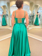 Long A-line Satin Prom Dress with Pockets Green Formal Graduation Evening Dresses with Slit