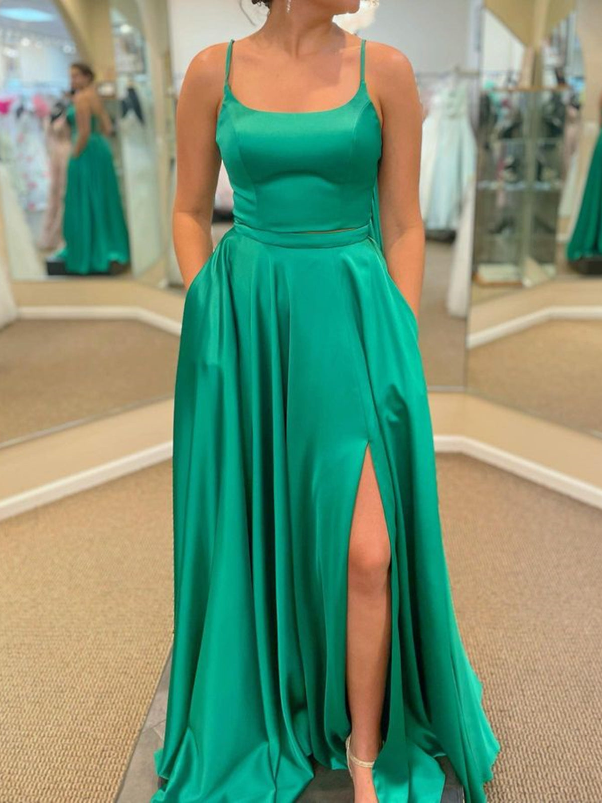 Long A-line Satin Prom Dress with Pockets Green Formal Graduation Evening Dresses with Slit