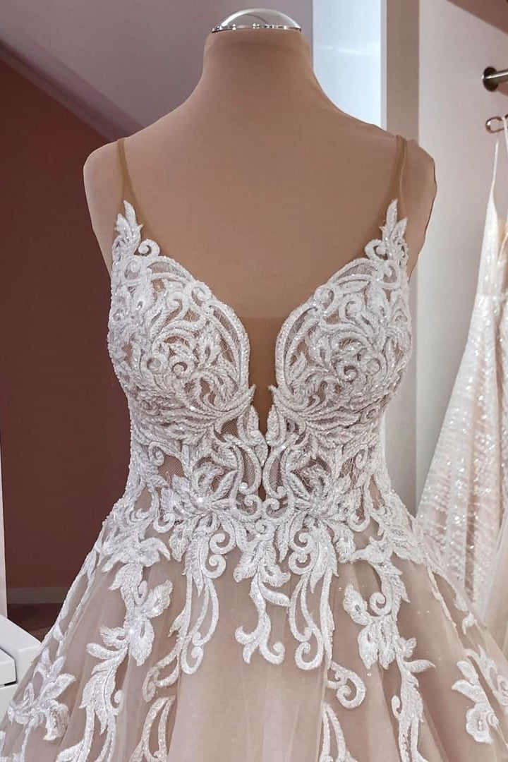 Abito da sposa lungo a linea ad A con paillettes, tulle, spalline sottili e applicazioni in pizzo