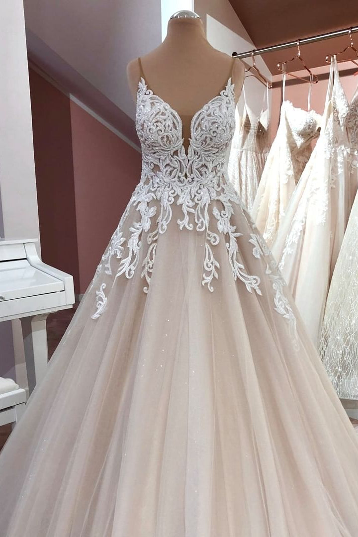 Abito da sposa lungo a linea ad A con paillettes, tulle, spalline sottili e applicazioni in pizzo