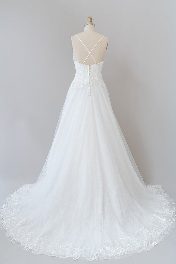 Abito da sposa lungo a linea ad A con spalline sottili, applicazioni e schiena scoperta in tulle