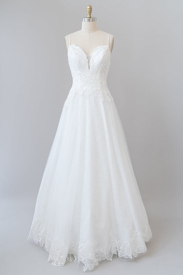 Abito da sposa lungo a linea ad A con spalline sottili, applicazioni e schiena scoperta in tulle