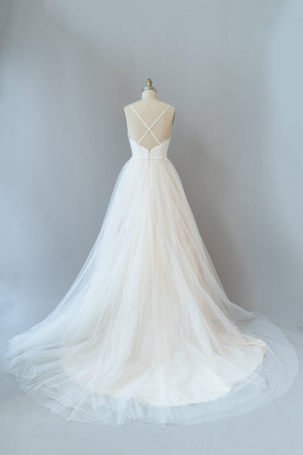 Abito da sposa lungo a linea ad A con spalline sottili, pizzo, tulle e schiena scoperta