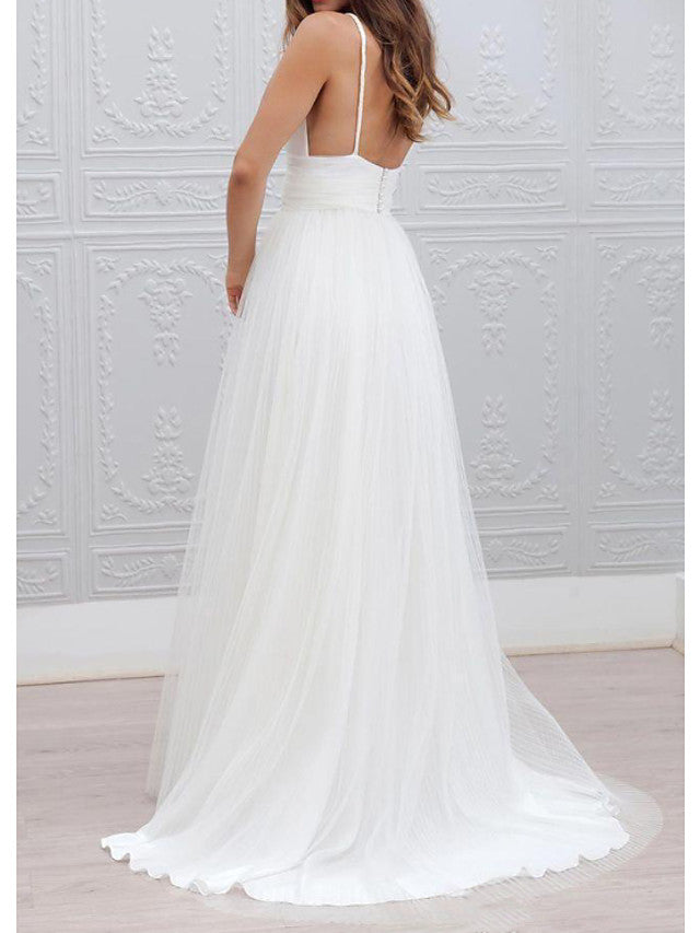 Abiti da sposa lunghi a linea ad A con spalline sottili in taffetà, tulle e chiffon