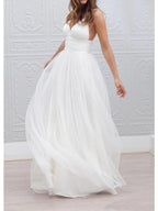 Abiti da sposa lunghi a linea ad A con spalline sottili in taffetà, tulle e chiffon
