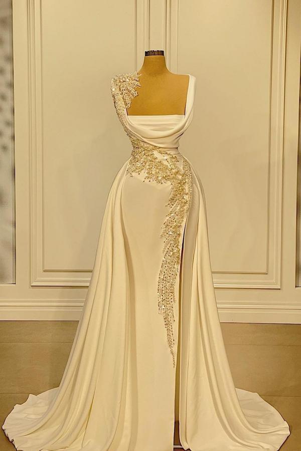 Robe de bal ivoire en satin, longue, coupe trapèze, col carré, avec fente
