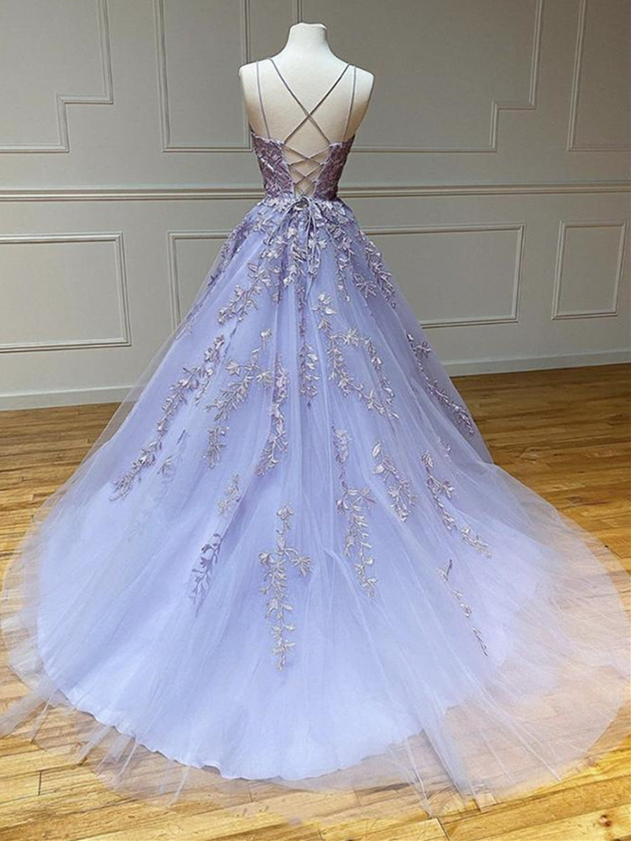 Vestidos formais longos de baile de finalistas em tule com renda, corte evasê, sem alças e costas descobertas